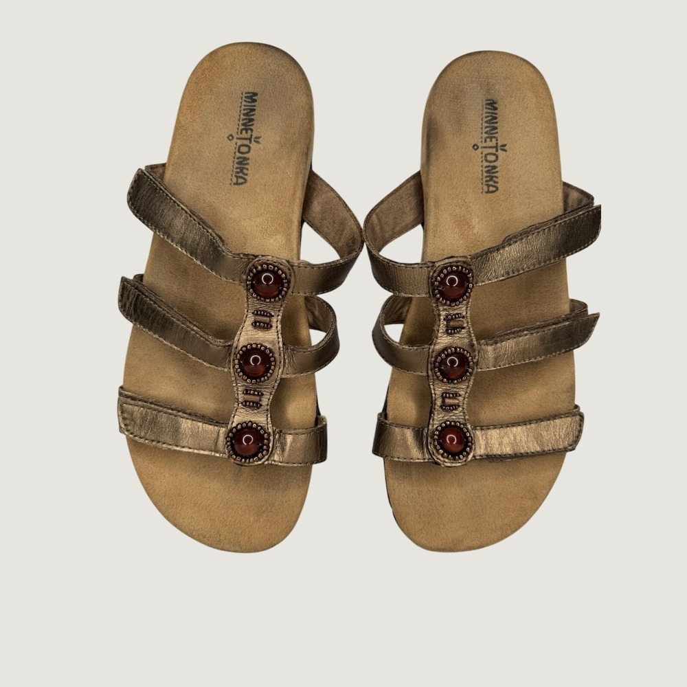 Minnetonka Sz 9 Bronze Leather Strappy Slide Sandals Amber Gemstone Boho